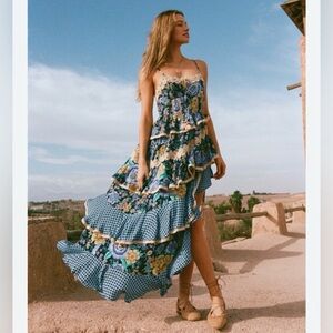 Spell | Full Bloom Ruffle Soirée Dress Periwinkle Floral Maxi NWT | Sz XS